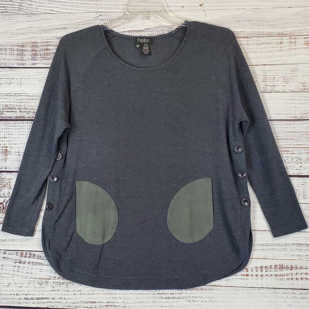 Papillon Heather Gray Blanc Top S Long Sleeve Light Pullover Side Button Detail - Picture 2 of 12